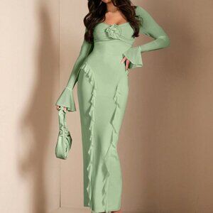 Green Elegant Women's Long Sleeve Floral 3d Decorative Ruffled Dress